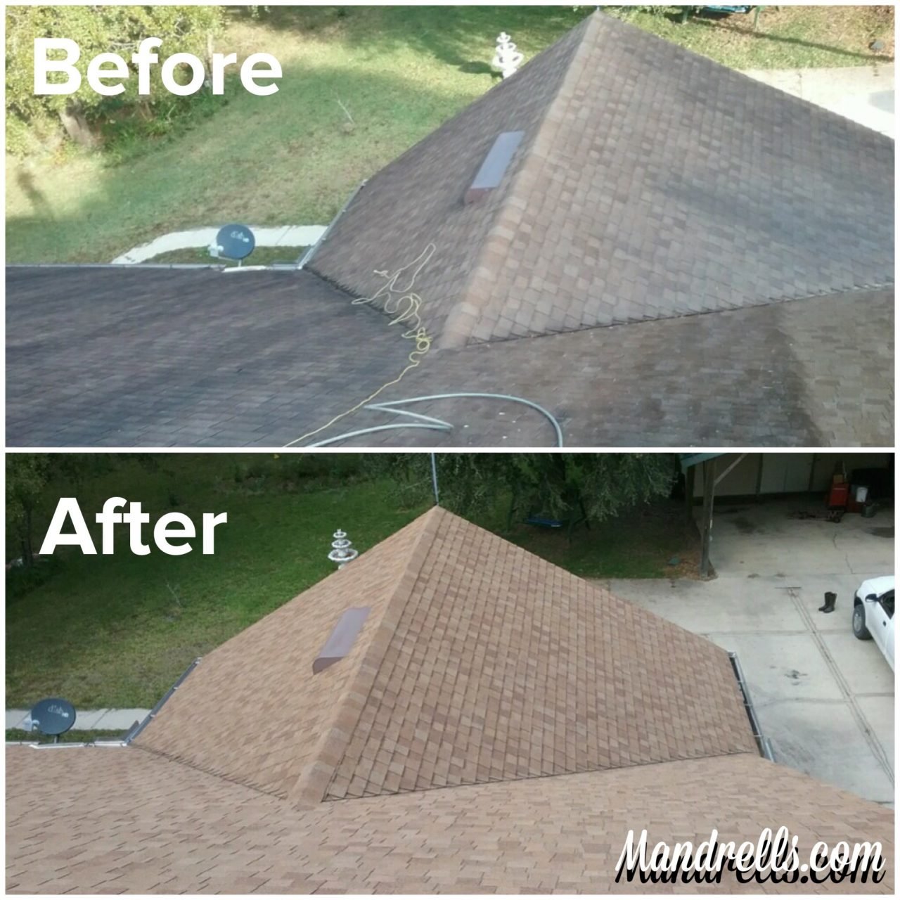 Before and after of a residential shingle roof soft-wash cleaning