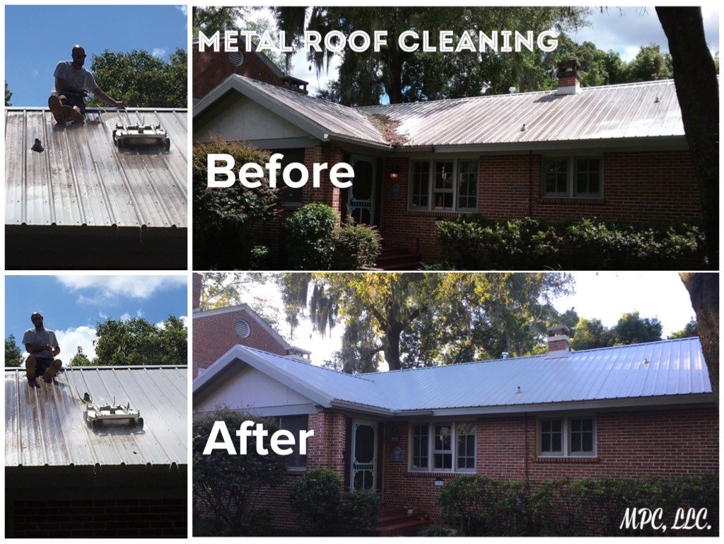 Before and after of a metal roof cleaning